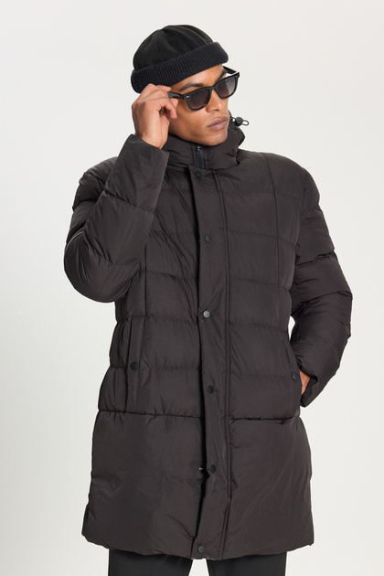 Men's Black Standard Fit Regular Fit Hooded Stand Collar Side Pocket Coat