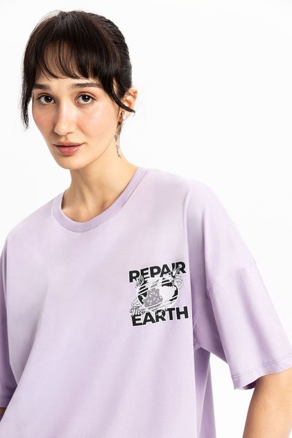 Oversize Full Cotton Printed Women's T-Shirt