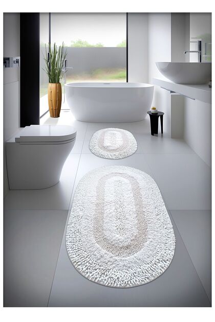 Pamuk El Tafting Su Emici Banyo Paspas Seti, Banyo Halısı Cottonway 2 Li Set 60x100 - 60x50 EKRU