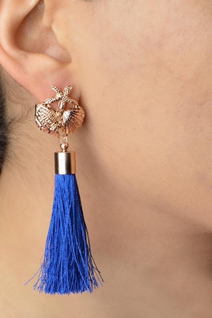 Long Gold Earrings with Starfish and Oyster Detail and Tassels