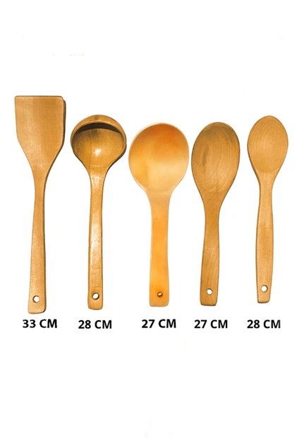 5 Parça Servis Seti Bambu Ahşap Kaşık Kepçe Tahta Spatula