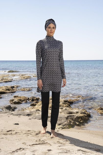 Women's Digital Patterned Hijab Swimsuit with Fully Covered Trousers