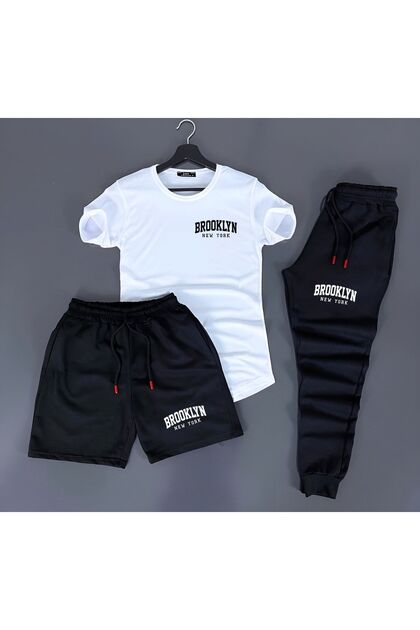 3-Piece Unisex Combination Brooklyn Print White, Black, Red, Yellow T-shirt, Black, Gray Shorts and Sweatpants