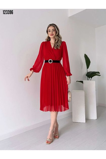Women's pearl belt detailed chiffon midi dress