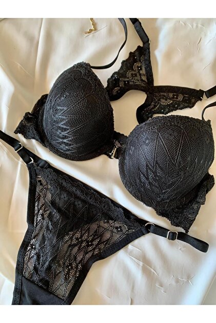 ROZENN LINGERIE New Year's Gift Black Butterfly Push-Up Underwire Lace Sexy  Casual Bra Thong Set- Trendyol