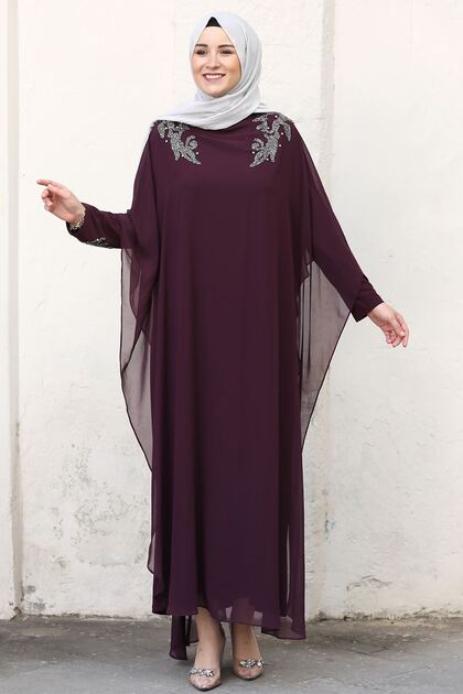 Aye Tesettr Plus Size Hijab Evening Dress - Deep Sandy Chiffon- Trendyol