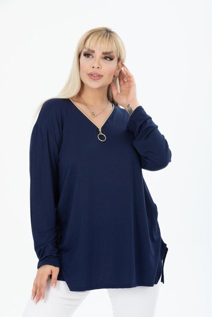 NAVY BLUE COLLAR ZIPPERED LONG SLEEVE BLOUSE