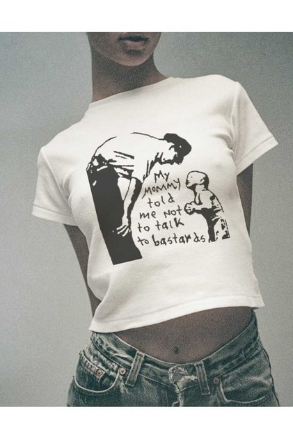 Kadın Üste Oturan Kalıp Bel Boy Crop Baskılı Bisiklet Yaka Baby Tee