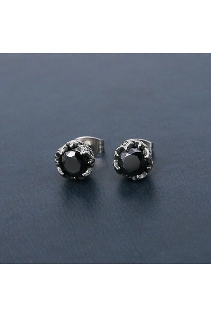 Black Zircon Stone Gothic Design Biker Unisex Steel Earrings