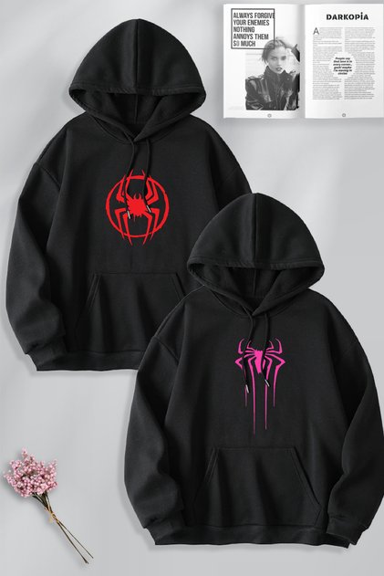 Sevgili Çift Kombini Örümcek Adam Kız Logo Baskılı Özel Tasarım Kapüşonlu Sweatshirt 2li Set Takım