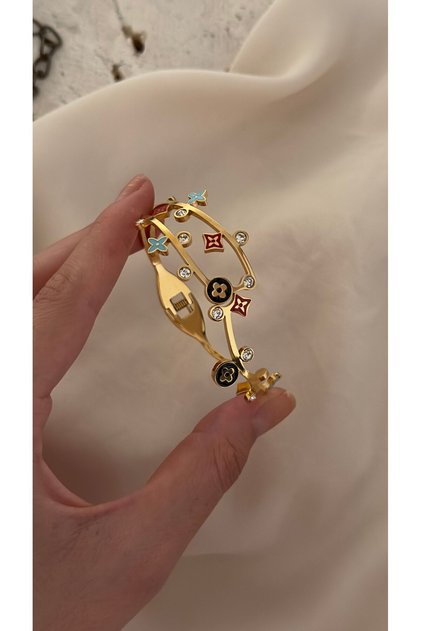 Steel Vip Handcuff Bracelet with Colorful Symbol and Zircon Detail (17cm)
