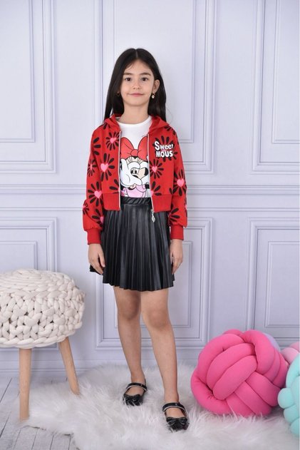 GIRL MINNIE PATTERNED LEATHER SKIRT COMBED 3-Piece SET