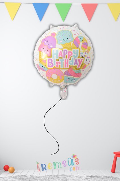 Dondurma Temalı Yuvarlak Happy Birthday Folyo Balon 18" 45 Cm Dondurma Konsept Parti Balonu