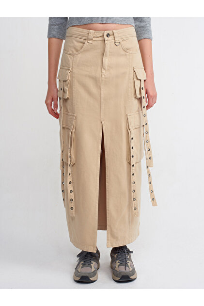 Dilvin 80887 Cargo Midi Skirt-Beige- Trendyol