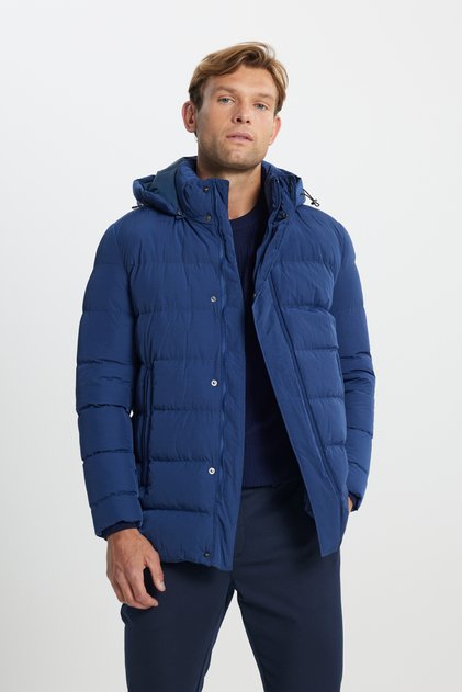 Men's Blue Standard Fit Regular Cut Hooded Collar Side Pocket Coat