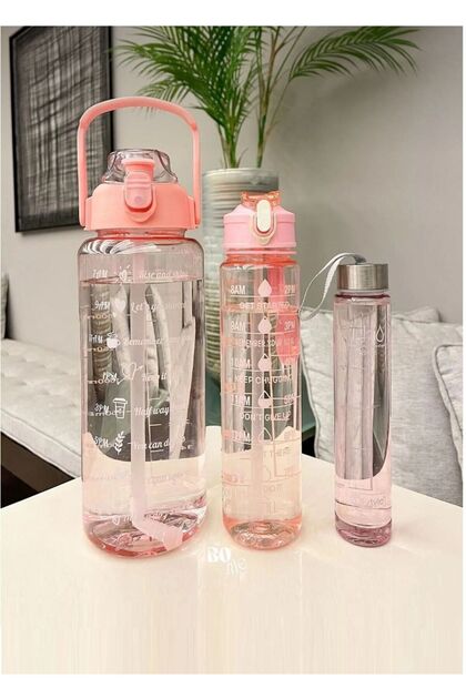 3 Lü Set Şeffaf Motivasyonl Su Matarası Şişesi Suluk 2lt 900ml 600ml Spor Salonu Su Şişesi