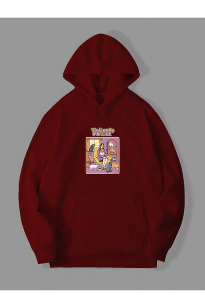 3 Thread Family Chart Printed Red Kangaroo Pocket Hooded Sweatshirt Hoodie