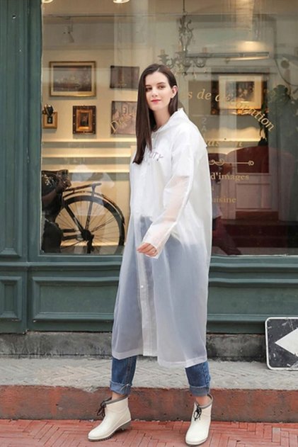 Unisex Transparent White Raincoat with Hood and Snap Fasteners