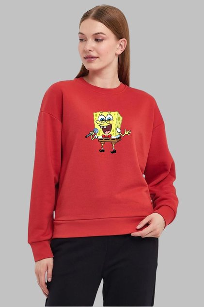 Unisex Oversize Long Sleeve Spongebob Printed Crew Neck Hoodless Sweatshirt