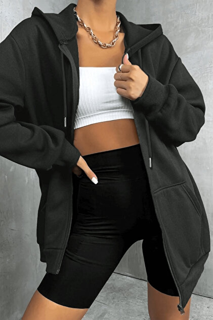 Women's Hooded Anthracite Zippered 3 Three Thread Fleece Kangaroo Oversize Sweatshirt Zip Up Hoodie