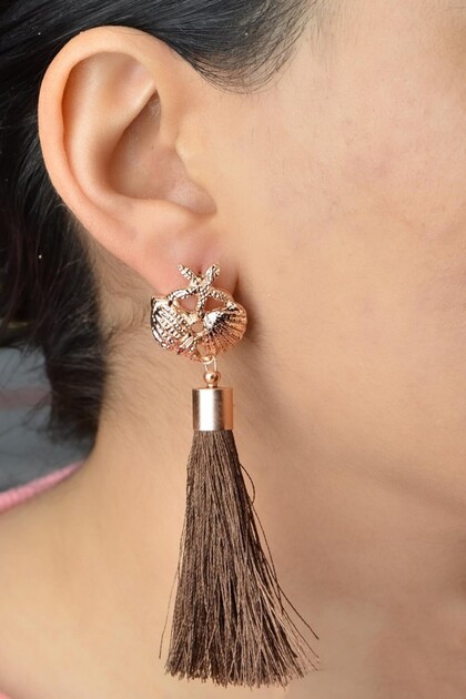 Long Gold Earrings with Starfish and Oyster Detail and Tassels