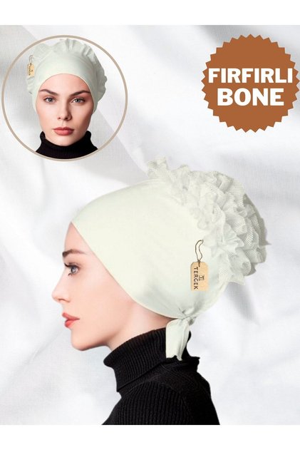 Ruffled Inner Bun Bonnet Ecru Front Stitched Cotton Combed Cotton Daily Women's Hijab Headscarf Ready-To-Wear Turban