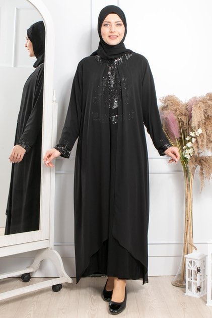 Sequin Embroidered Evening Dress Black Tbs2305
