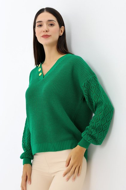 Damen-Pullover mit V-Ausschnitt und Ballonärmeln, bequeme Passform, Strickpullover