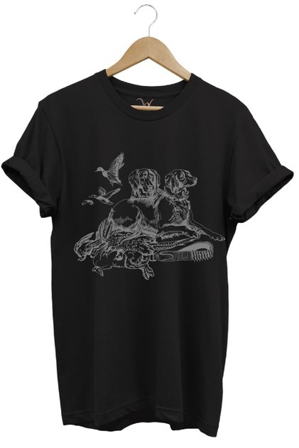 Hunting Hunter Hunting Dogs Rabbit and Woodpecker Printed Regular Fit 100% Cotton Black T-Shirt