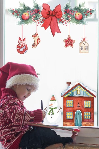 Christmas Bow House And Snowman Baby Kids Room Sticker Set - Transparent Christmas Ornament