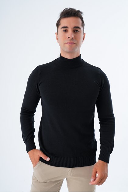 Men's Black 100% Cotton Half Turtleneck Knitwear Sweater Trist-1104
