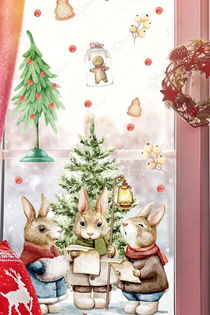 New Year's Rabbits Sticker Set, New Year Winter Concept Glass Wall Cabinet Door Sticker