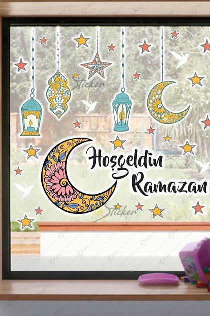 Welcome Ramadan Sticker Set Ramadan Oil Lamps with Crescent and Star Figure