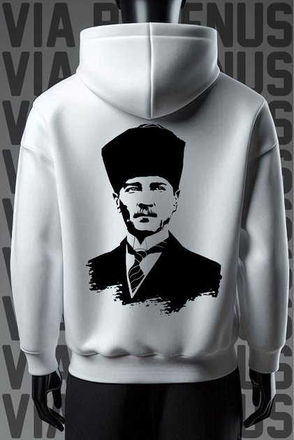 Ataturk Printed Kangaroo Pocket 3 Thread Threaded Wide Fit White Hooded Sweatshirt