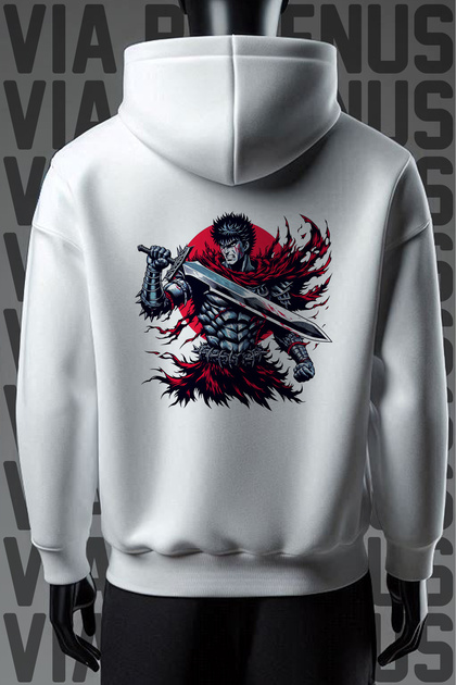 Berserk Front and Back Printed 3 Thread Wide Pattern White Hooded Sweatshirt