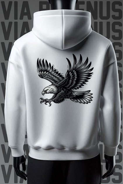 Eagle Printed Front and Back 3 Thread Wide Pattern White Hooded Sweatshirt