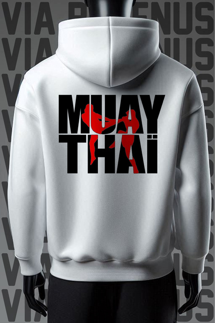 سويت شيرت أبيض بقلنسوة مطبوع من الأمام والخلف من MUAY THAI بثلاثة خيوط وقصة واسعة