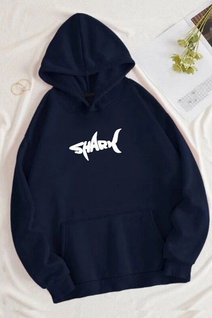 Shark Printed Unisex Dark Blue Kangaroo Pocket Hooded Sweatshirt Hoodie