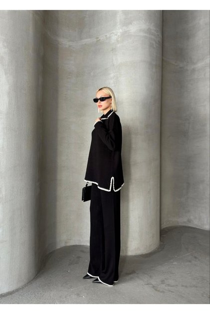 Women's Knitwear Trouser Set Black Patterned Long Sleeve