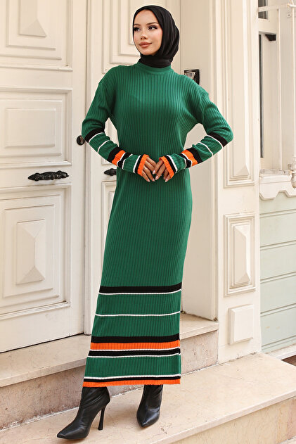 benguen 24206 Corded Emerald Green Knitwear Dress - Line Detail- Trendyol