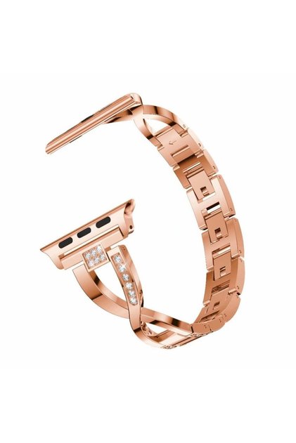 Apple Watch Seri 4-5-6 44 mm Uyumlu Pırlanta Görünümlü Bileklik Rose Gold