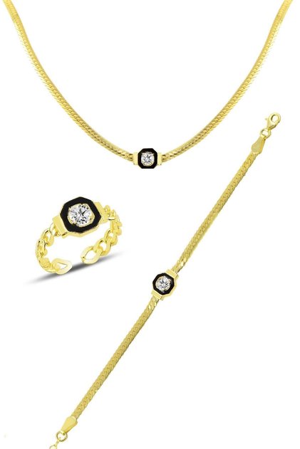 Gümüş Altın Yaldızlı Çağla Şikel Serenay Kolye Bileklik Ve Yüzük Gümüş Takım Sgtl10593gold