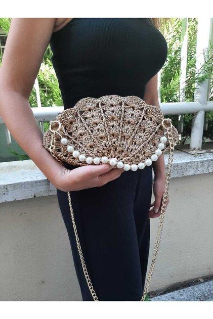Inci Saplı Örgü Midye Çanta hasır renk