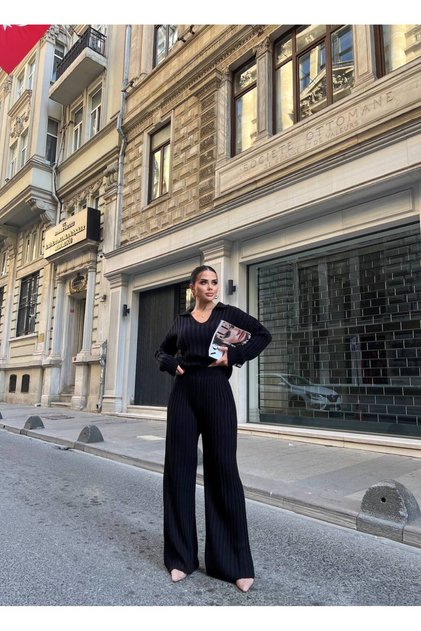 Women's Polo Neck Sweater and High Waist Palazzo Pants Knitwear Set