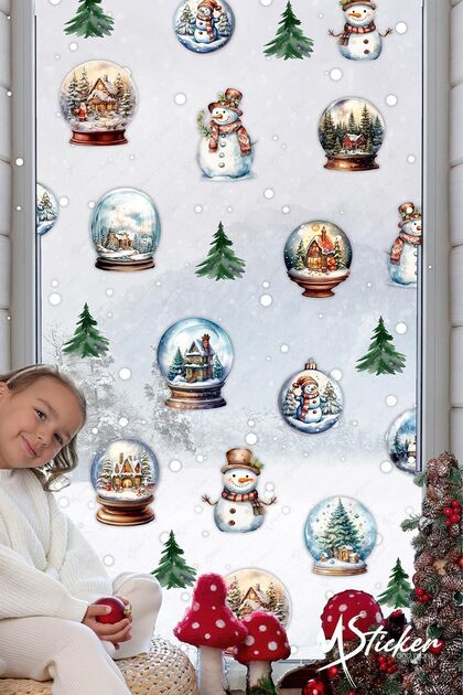 Cute Snow Globes New Year Christmas Ornament Sticker Set, Snow Globes Winter Concept New Year Sticker