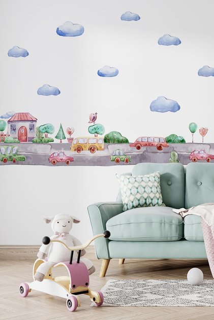 Cars and City Themed Kids Baby Room Wall Sticker Set, Traffic Road Strips Trees in the City