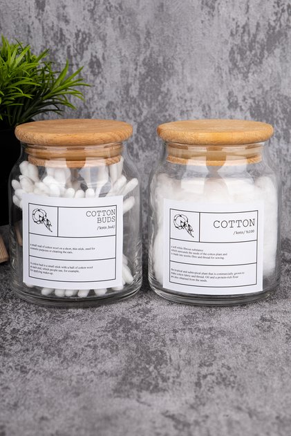2-Pack 300ml Cotton/Cotton Swab Jar with Wooden Lid Glass Bathroom Organizer