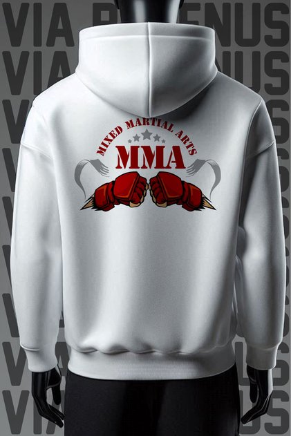 Mma Front and Back Printed 3 Thread Wide Pattern White Hooded Sweatshirt