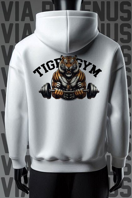 Tiger Gym Front and Back Printed 3 Yarn Wide Fit White Hooded Sweatshirt