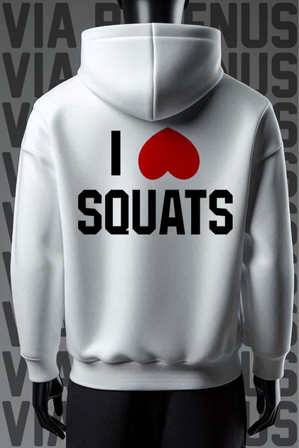 سويت شيرت أبيض بقلنسوة مطبوع عليه I Love Squats من الأمام والخلف بثلاثة خيوط وقصة واسعة